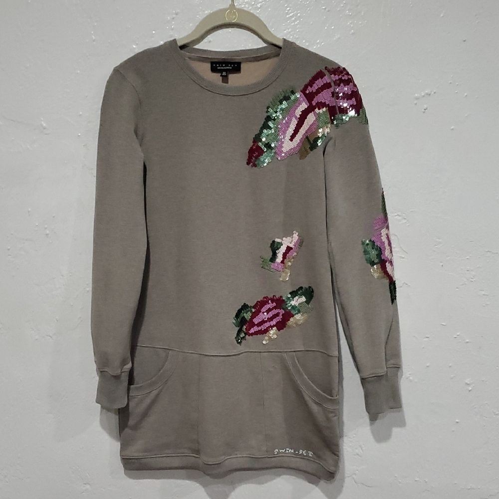 Simona Barbieri Twin Set Sequin Embellished Gray Sweatshirt Dress Size 12